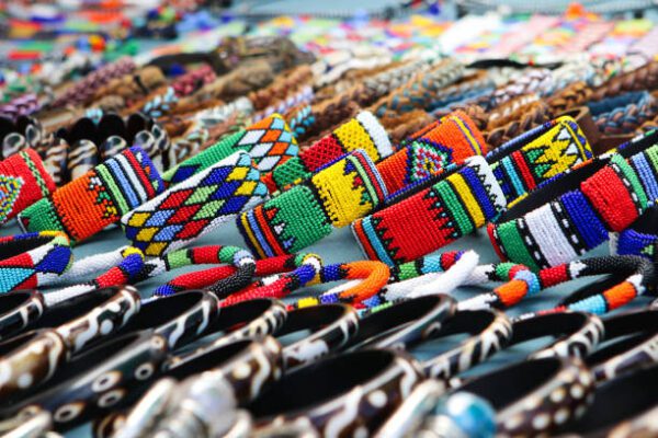 Colorful handmade bracelets, bangles at local craft market in South Africa